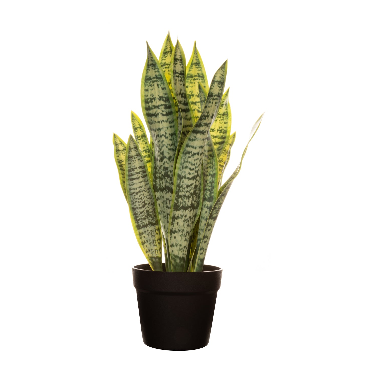 Kunstig grön planta i svart kruka med jordfärgad yta