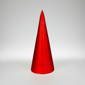 Rød kjegleformet LED-lykt med teksten Det lyser i stille grender