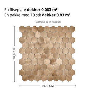 Kobberfargede hexagonfliser gir en dekorativ effekt bak vask eller komfyr.