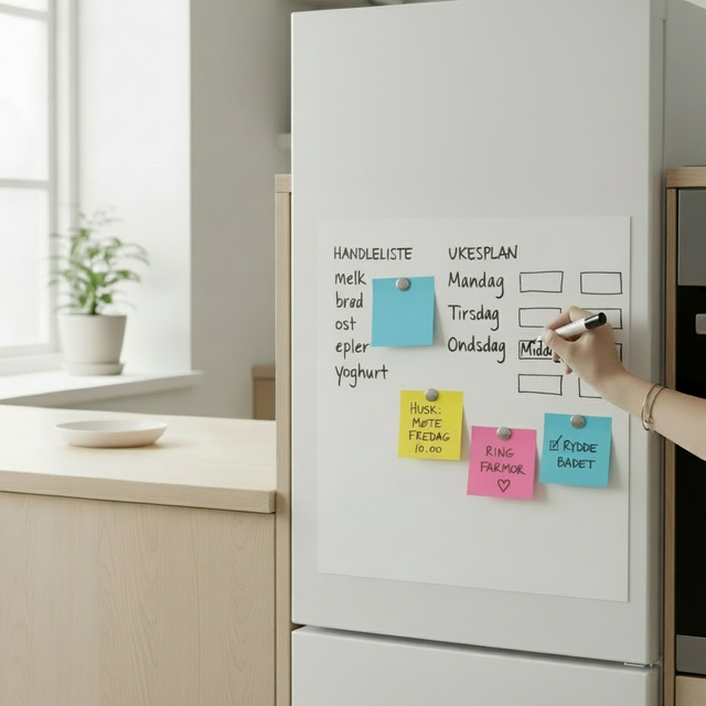 Magnetisk whiteboardfolie brukt som tavle på kjøleskap