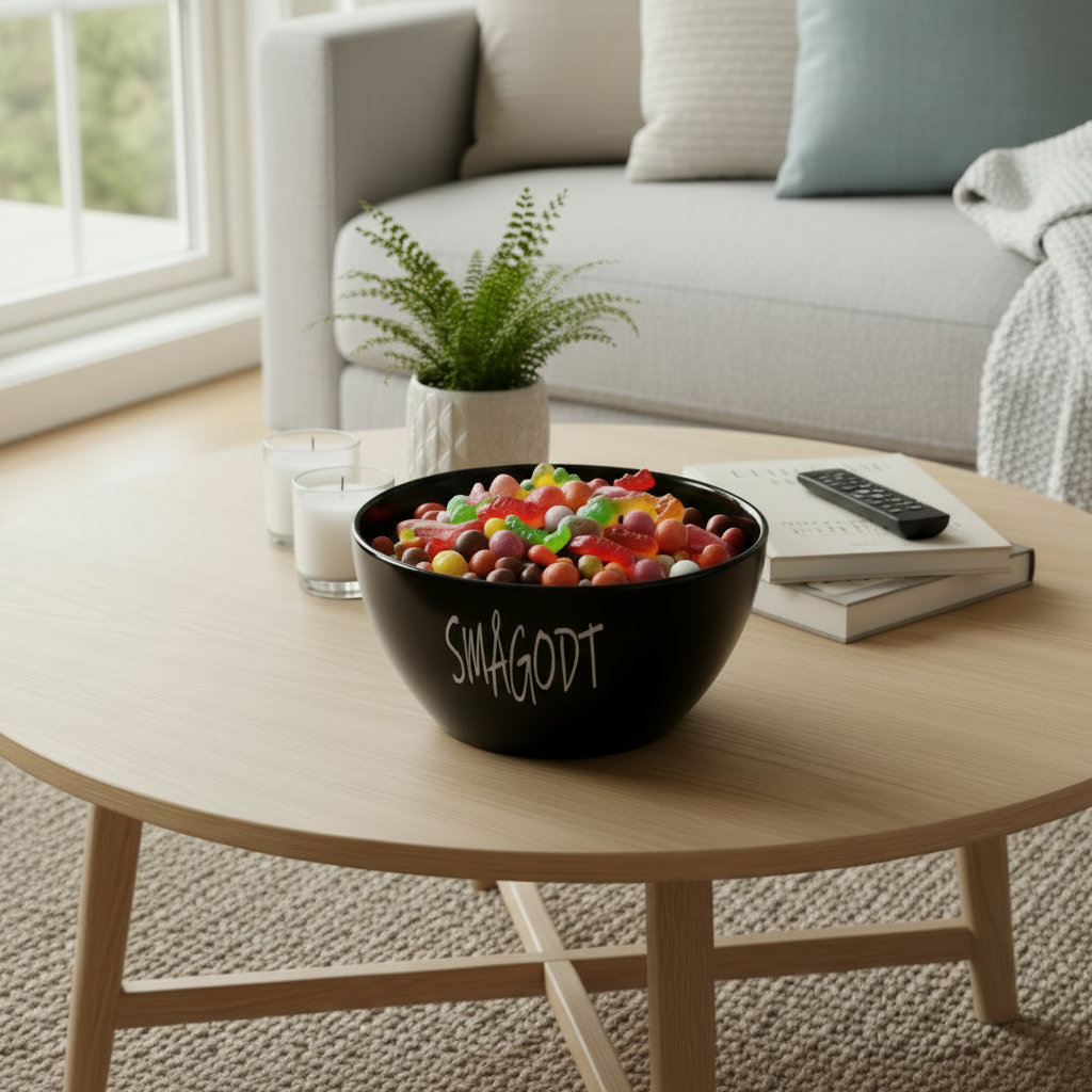 Sort keramikk skål til smågodt på bord i stue