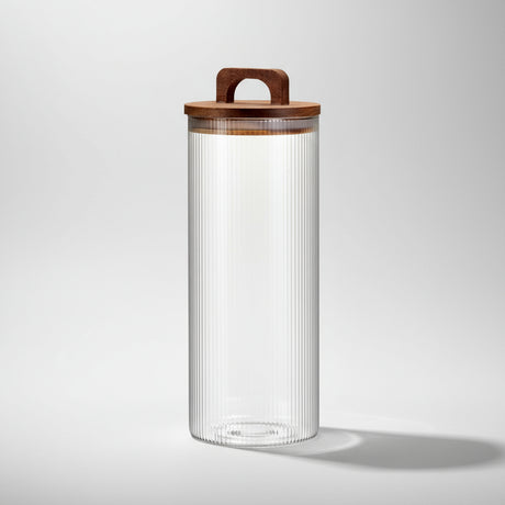 Oppbevaringskrukke i rillet glass med lokk i naturlig tre