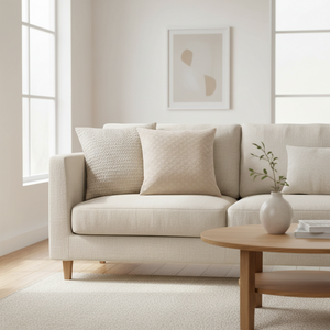 putetrekk med strukturert stoff i grå farge