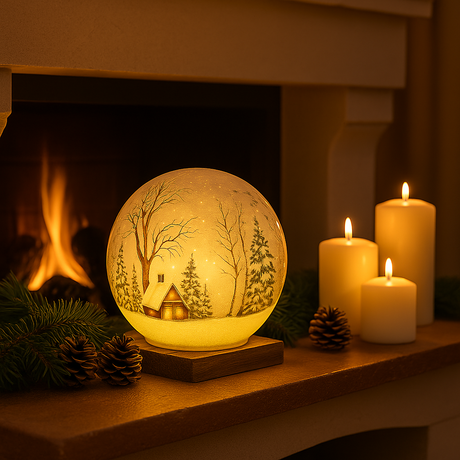 LED lyslykt i glass med vintermotiv – dekorativ julelykt med snødekt landskap, perfekt til jul og vinterdekor i hjemmet.