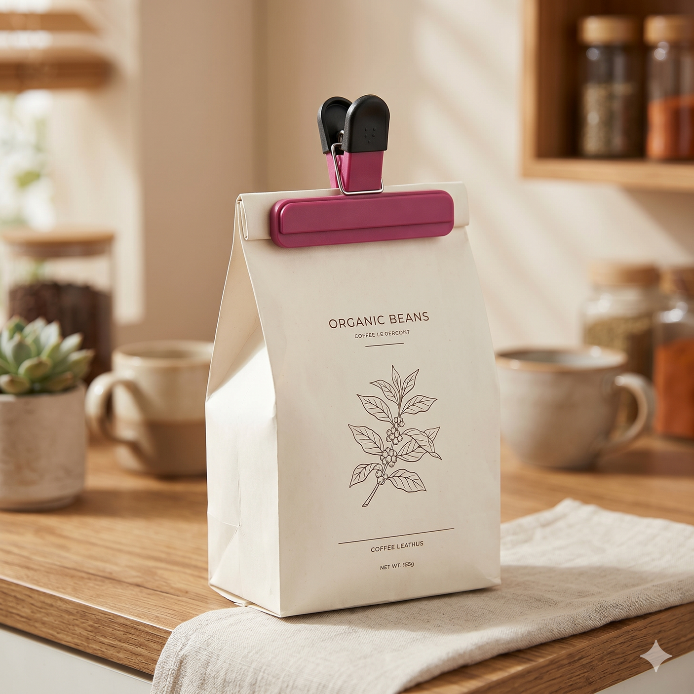 Liten poseklips 7,8 x 6,5 cm festet på pose med tørrvarer