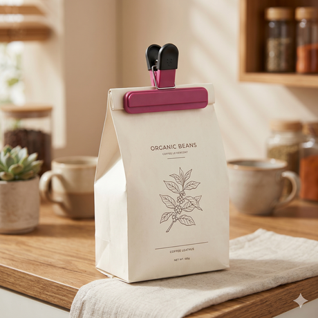 Liten poseklips 7,8 x 6,5 cm festet på pose med tørrvarer