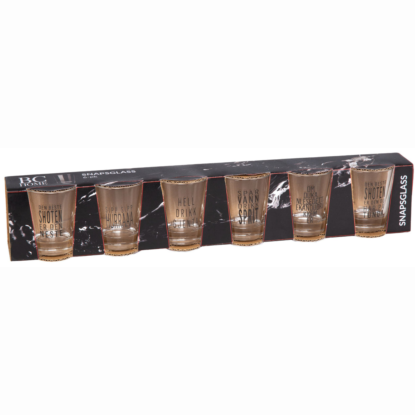 6-pakning shotglass med norske fest-sitater – humoristiske snaps- og shotglass i gaveeske.