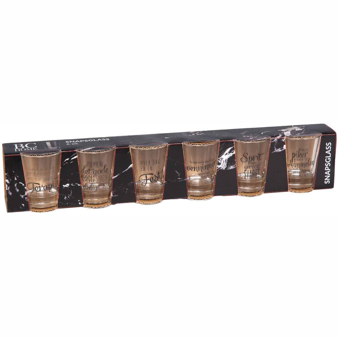 6 shotglass i klart glass med humoristiske tekster, pakket i gaveeske – perfekt for jentekveld eller festlige anledninger.