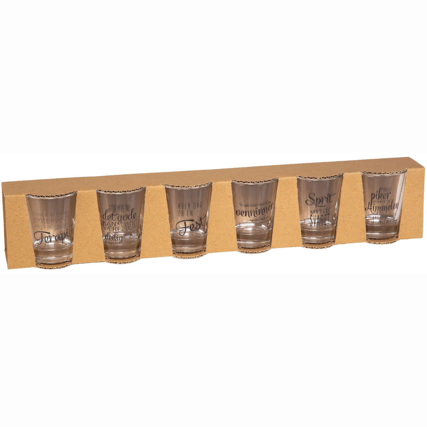 Shotglass med norske sitater – 6-pakning humoristiske drikkeglass med tekst som Terapi, Fest, Venninner og Sprit