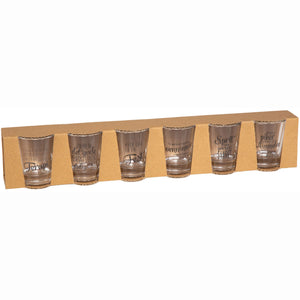 Shotglass med norske sitater – 6-pakning humoristiske drikkeglass med tekst som Terapi, Fest, Venninner og Sprit