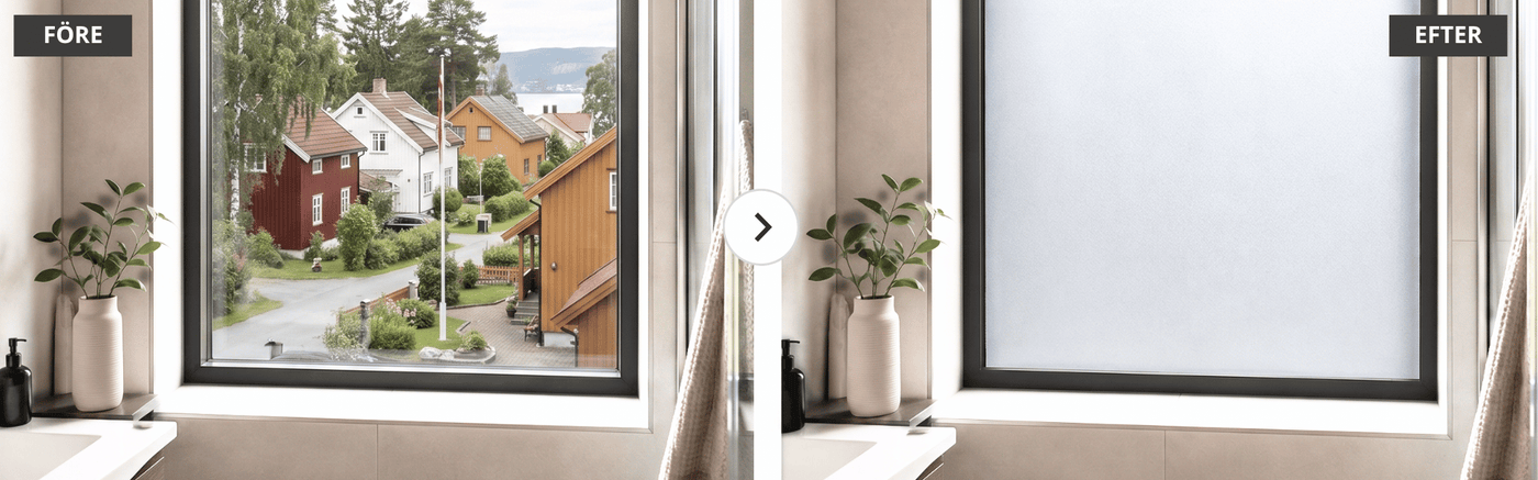 Före och efter montering av frostad fönsterfilm i badrumsfönster som ger insynsskydd samtidigt som dagsljuset släpps in.
