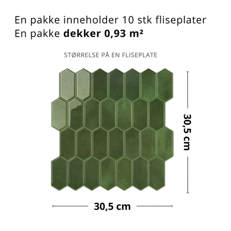 Alexandra grønn selvklebende veggfliser er et utmerket alternativ til fornyelse av kjøkkenveggen eller veggen over vasken på toalett eller bad. 