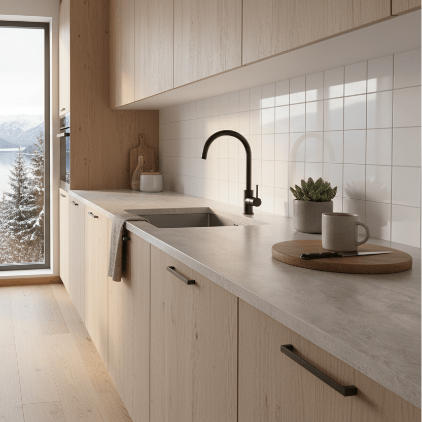 Limewash beige kontaktplast på benkeplate på et nordisk kjøkken