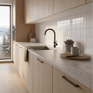 Limewash beige kontaktplast på benkeplate på et nordisk kjøkken