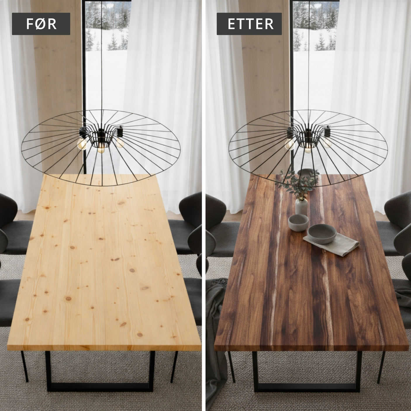 Før og etter av et spisebord som har blitt pusset opp med aspen eik kontaktplast. Spisestue hytte