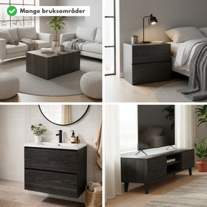 Oppgradert baderomsinnredning med svart tredekor folie på skapfronter