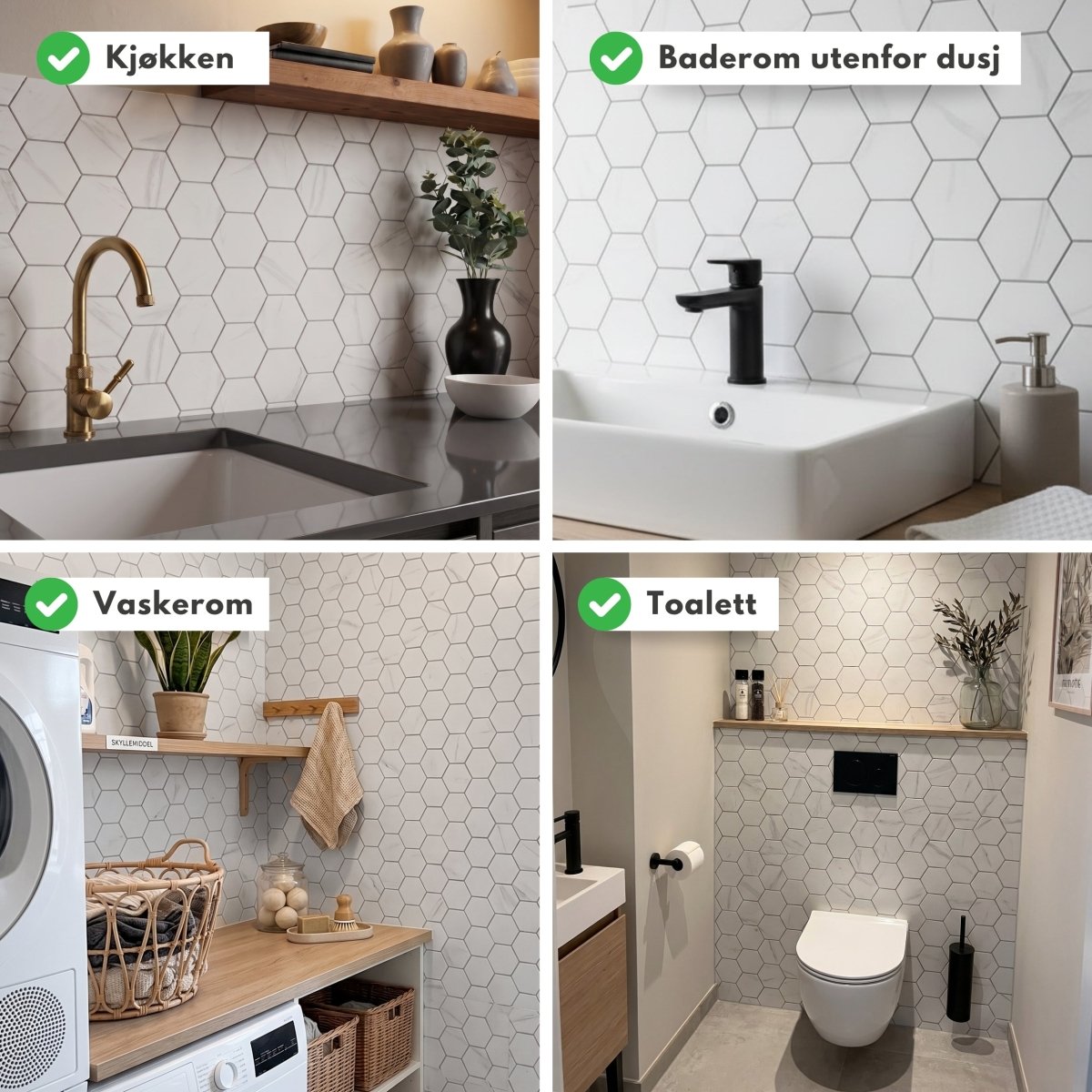 Selvklebende fliser på kjøkken, baderom, vaskerom og toalett. Hvit hexagon fliser