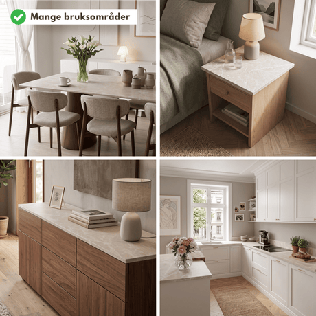 Bruksområder for Limestone crema kontaktplast: spisebord, nattbord, skjenk og kjøkkenbenk i kremhvit stein