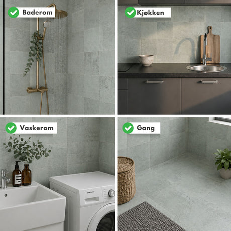 Moderne baderom med grønne selvklebende fliser i betongdesign