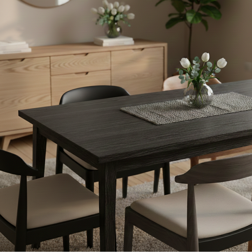 Spisebord med sort trelook folie som gir moderne uttrykk i kjøkken og stue