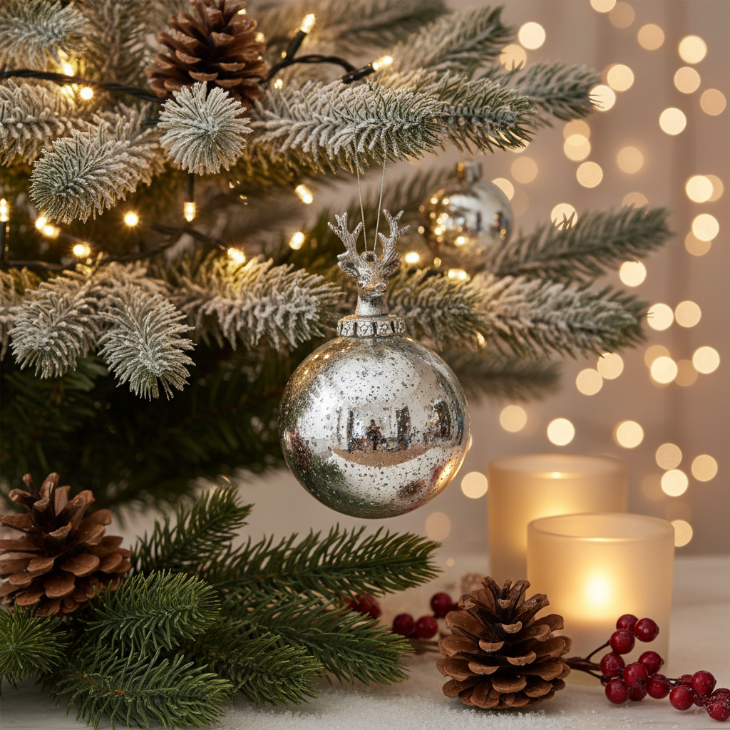 Sølvfarget julekule med hjortehode på pyntefat med granbar, røde lys og juletre i bakgrunnen.