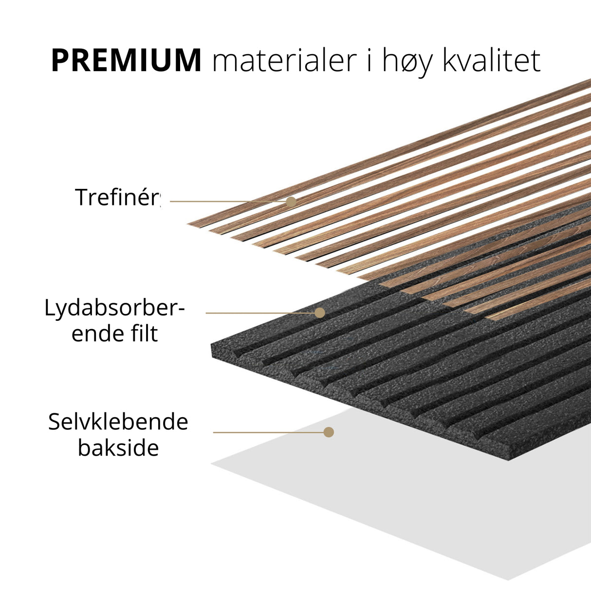 Oppbygning av spileplate i klassisk valnøtt – trefinér, lydabsorberende filt og selvklebende bakside i premium kvalitet