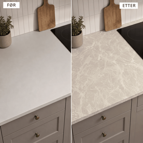 Før og etter: hvit benkeplate på grått kjøkken fornyet med Limestone crema kontaktplast