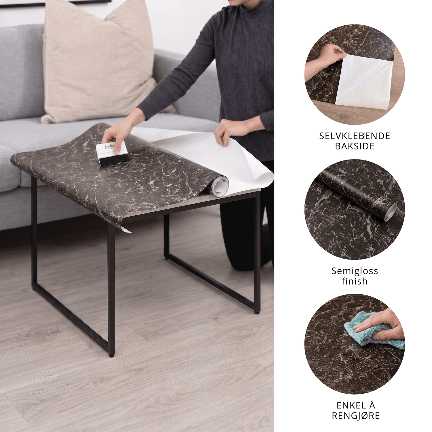 Montering av marmor kontaktplast på sofabord med sparkel, med semigloss finish og enkel rengjøring