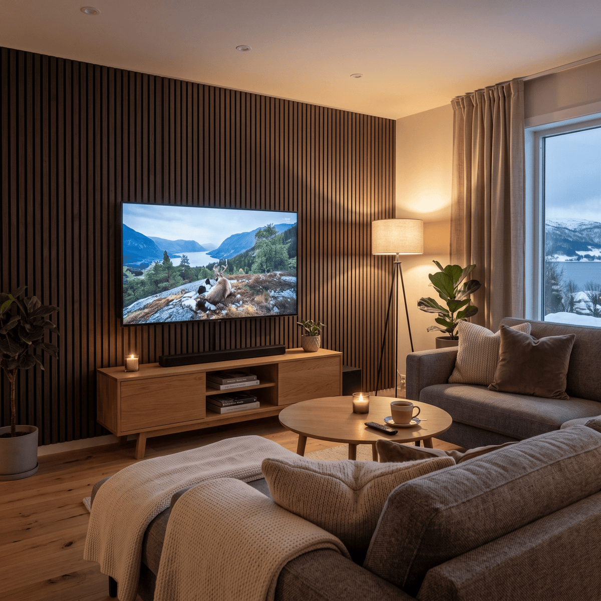 Tv-vegg dekket med Mørke spiler kontaktplast, mørkbrun spilevegg i stue med lys eikemøbler