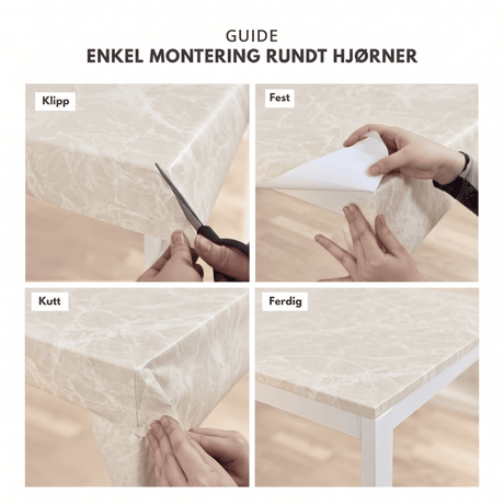 Monteringsguide for Limestone crema kontaktplast rundt hjørner i fire steg: klipp, fest, kutt, ferdig