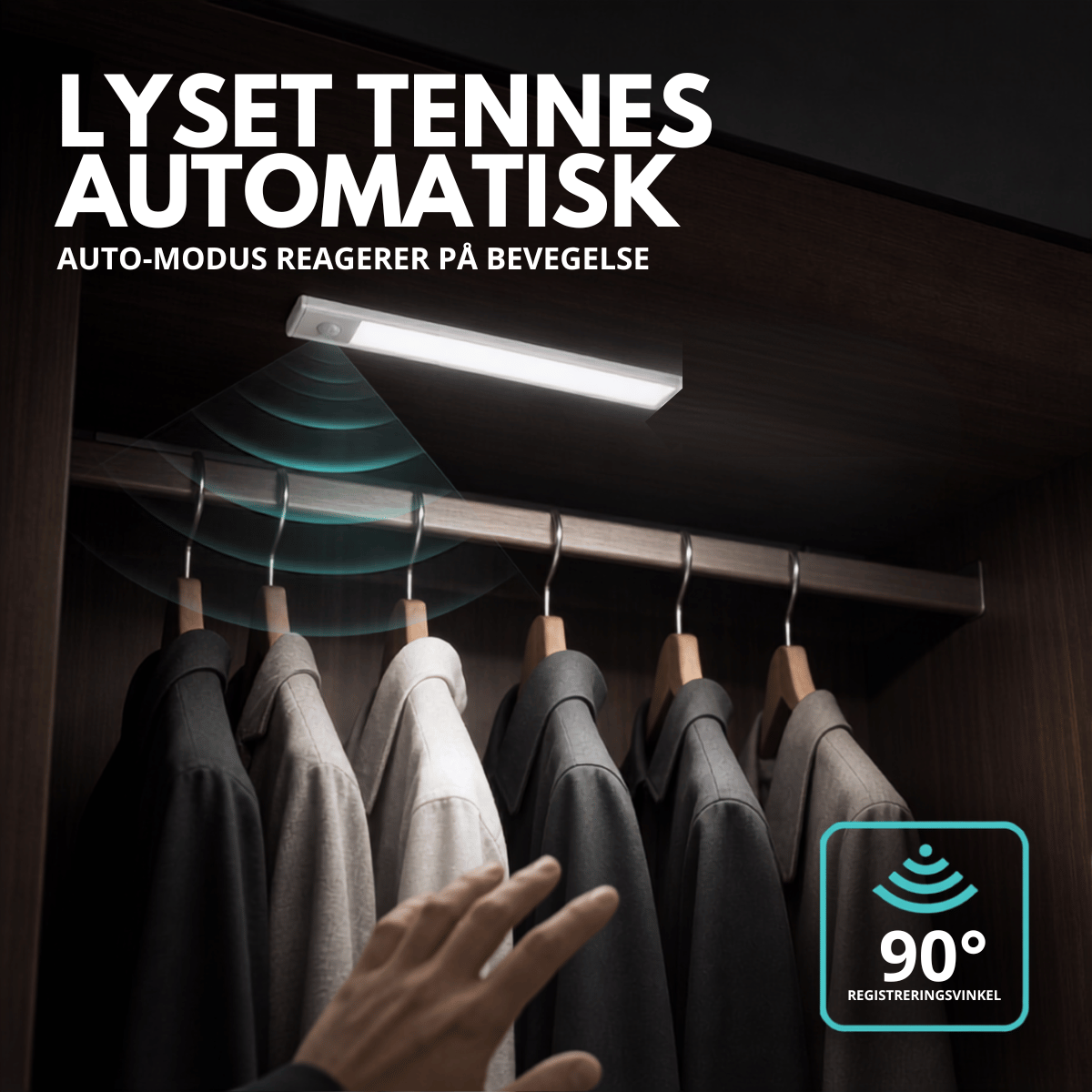 LED-list tenner automatisk ved bevegelse i klesskap – 90° registreringsvinkel