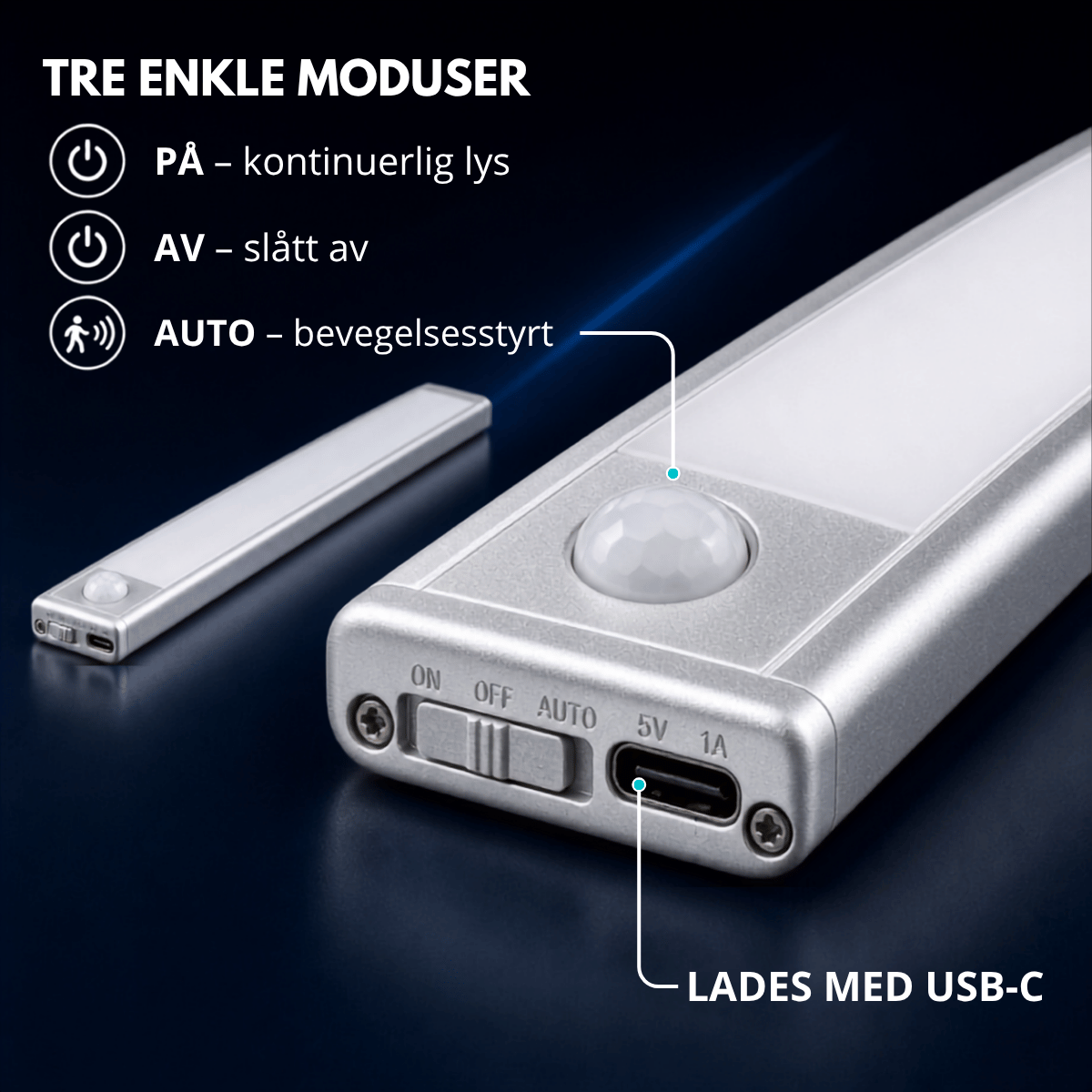 LED-list undersiden med ON/OFF/AUTO-bryter, bevegelsessensor og USB-C-port
