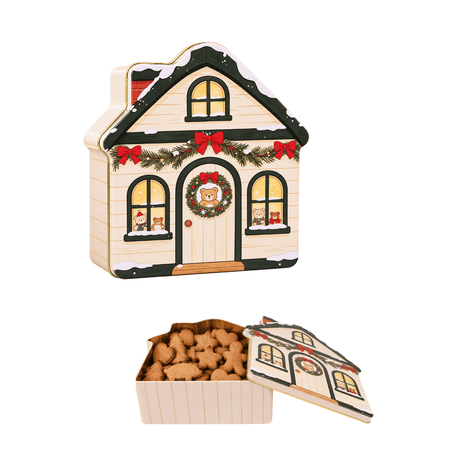 Kakeboks metall julehus beige 17 x 16 x 6 cm - Lindas Dekor Oppbevaringsboks