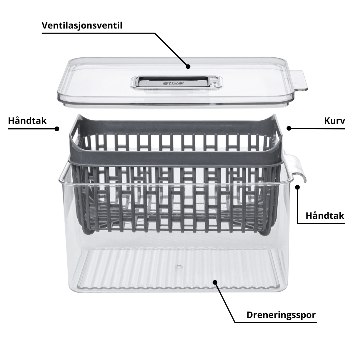 Kjøleskapsboks med lokk, ventilasjon, uttakbar kurv og dreneringsbunn