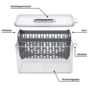 Kjøleskapsboks med lokk, ventilasjon, uttakbar kurv og dreneringsbunn
