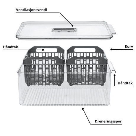 Kjøleskapsboks Tidy Fridge med 2 kurver, grå - Lindas Dekor Oppbevaringsboks til mat