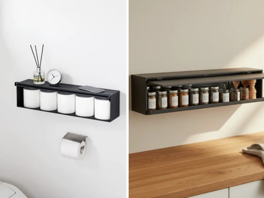 Yamazaki veggboks brukt til krydder på kjøkken og doruller på bad