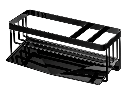 Sort såpeholder i rustfritt stål fra Yamazaki med minimalistisk japansk design på kjøkkenbenk