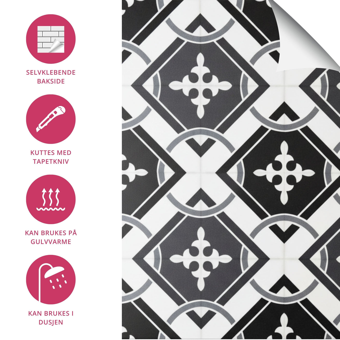 Baderom med sort hvite Isadora fliser på gulv