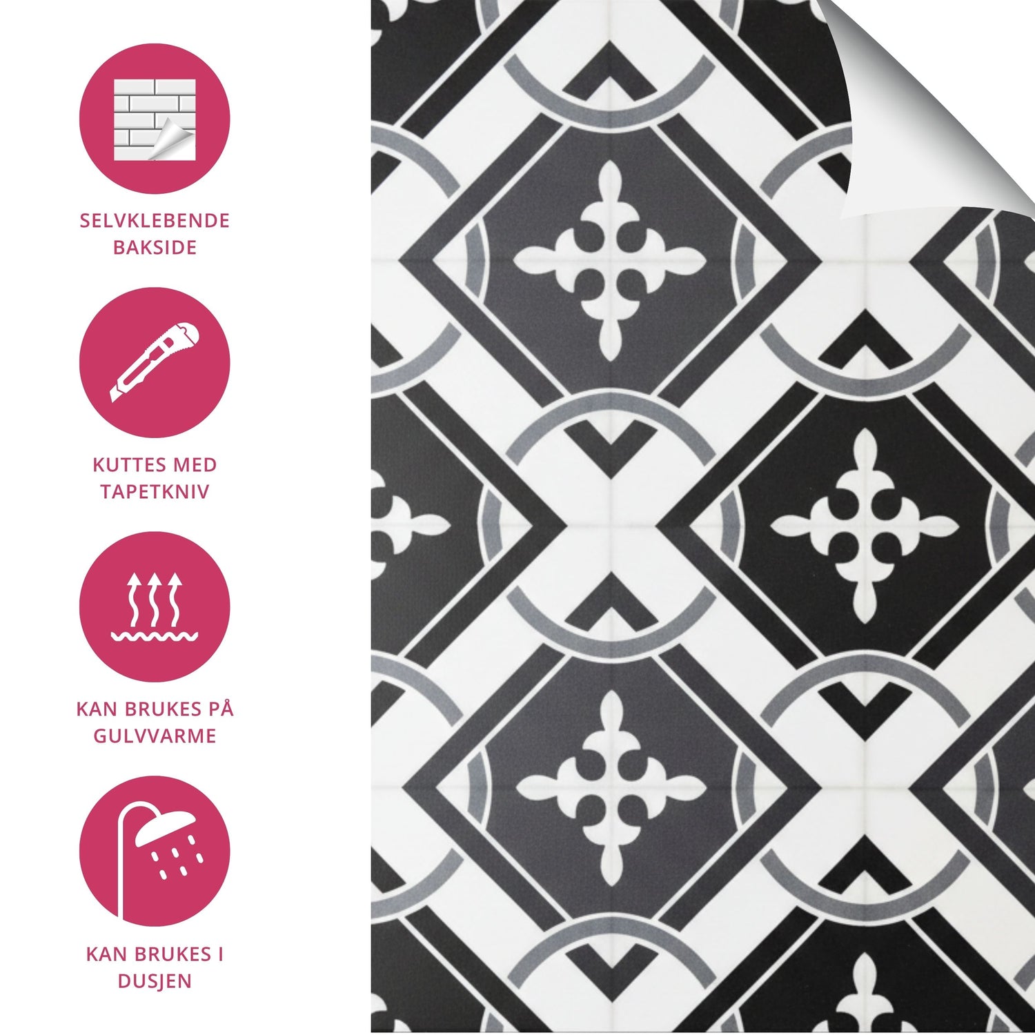 Baderom med sort hvite Isadora fliser på gulv