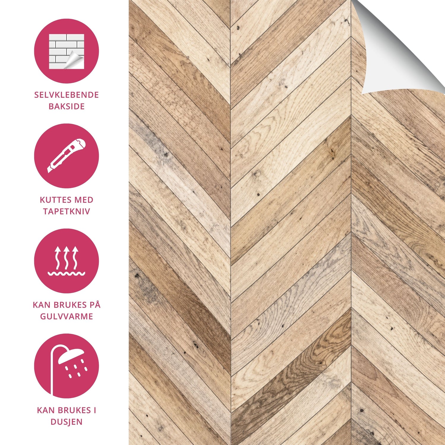 Selvklebende fliser Wooden Harmony fiskebein lys eik lagt på gulv