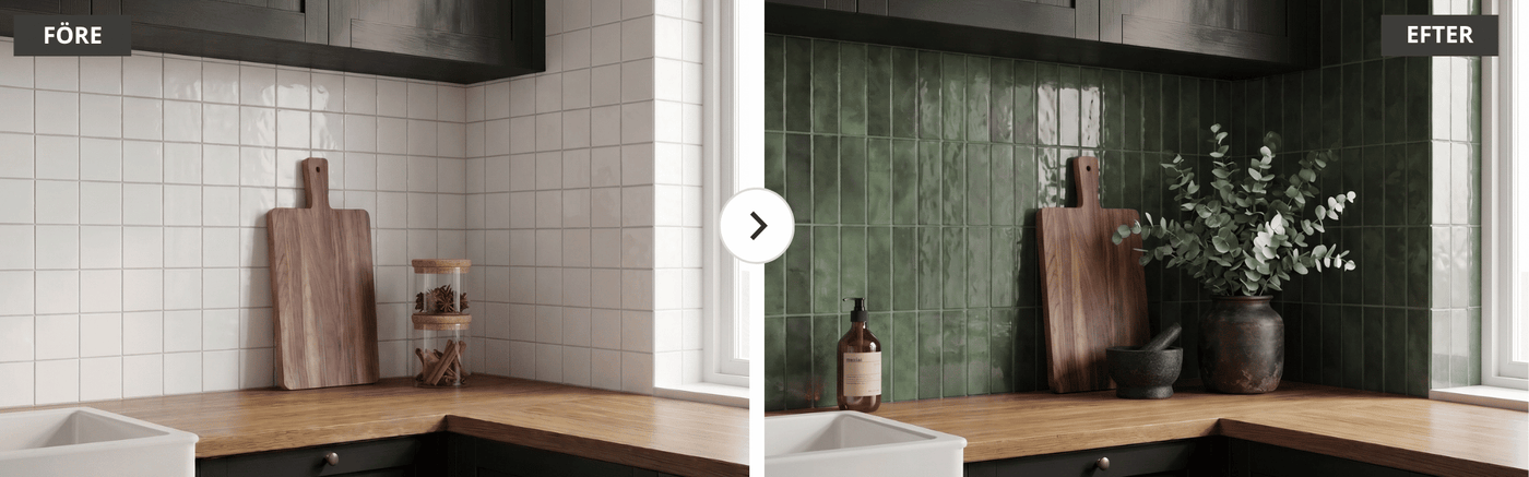 Före och efter köksrenovering med EasyTiles Vinyl självhäftande väggplattor i grön kakeldesign
