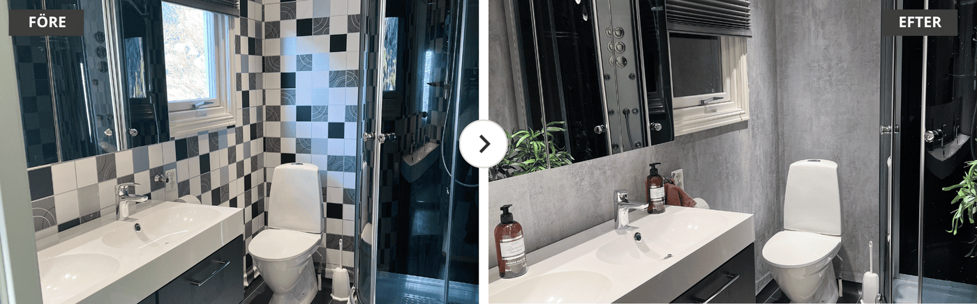 Före- och efterbild av badrum uppgraderat med betongkontaktplast – mönstrad kakelvägg förvandlad till en modern betongfinish.