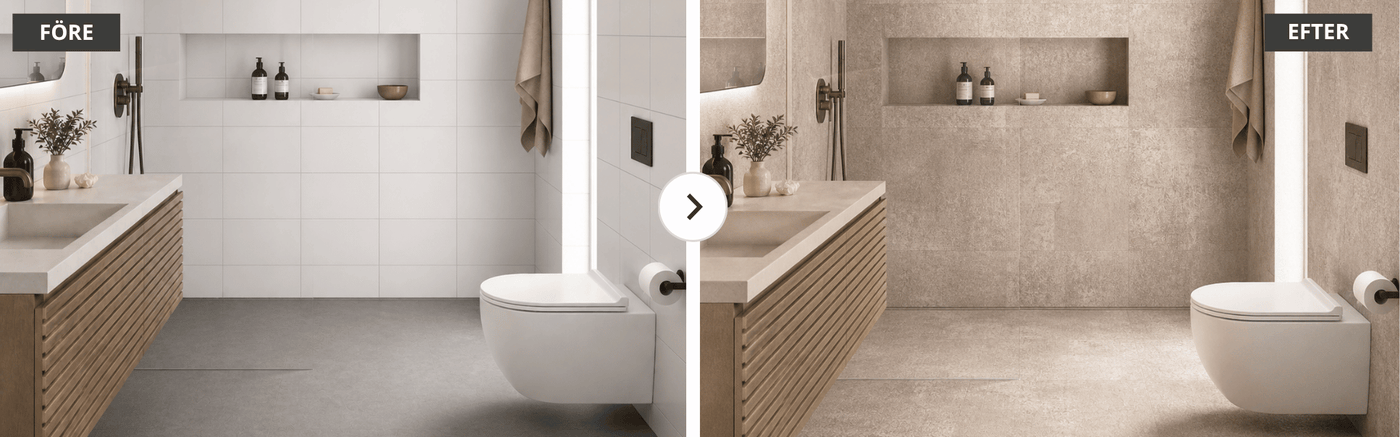 Före och efter badrumsrenovering med FlexiTiles självhäftande väggplattor i varm stenlook utan rivning