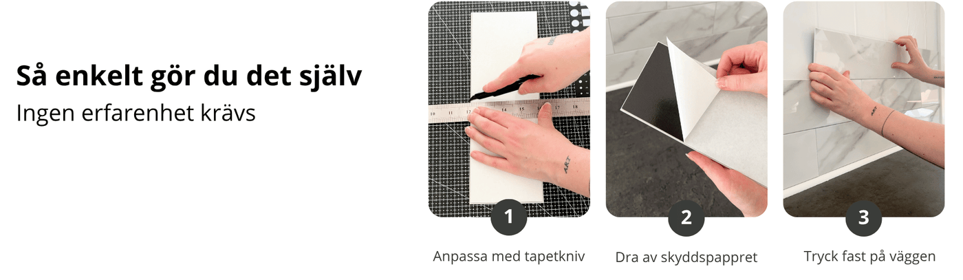 Montera EasyTiles Pro själv i tre steg med tapetkniv, självhäftande baksida och enkel applicering direkt på väggen