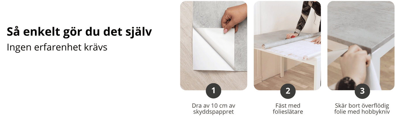 Steg-för-steg-guide för montering av betongkontaktplast – dra av skyddspappret, fäst folien och skär bort överflödigt material.