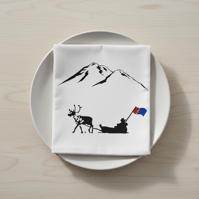 Lunsjserviett med nordnorsk motiv i hvitt og sort
