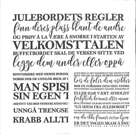 Serviett med humoristiske «Julebordets regler» trykt i svart tekst.