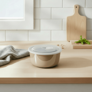 Porselenskål med lokk og ventil beige liten - Lindas Dekor