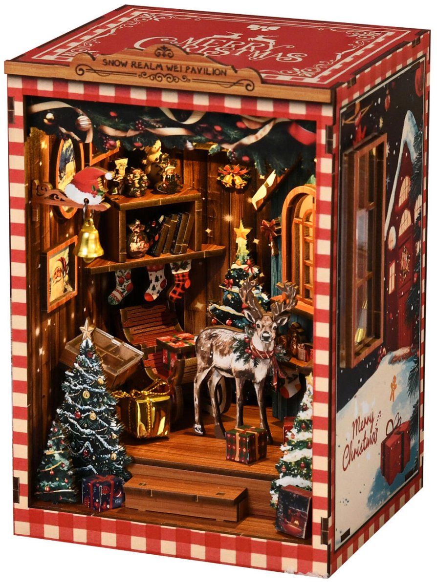 Ferdig Mini Snøriket Book Nook med LED-lys, reinsdyr og julepynt